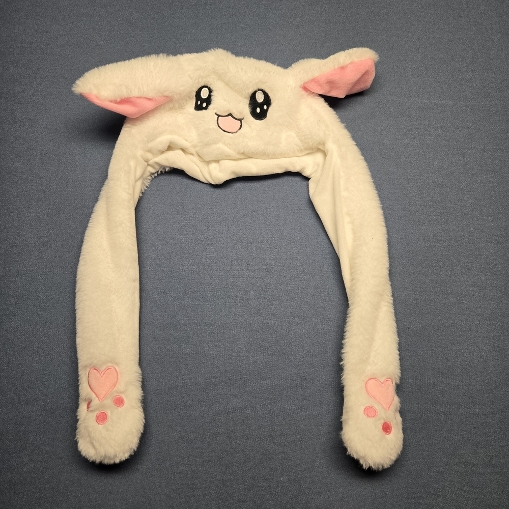 Plush Bunny Hat With Floppy Movabale Ears When Paws Are Squeezed